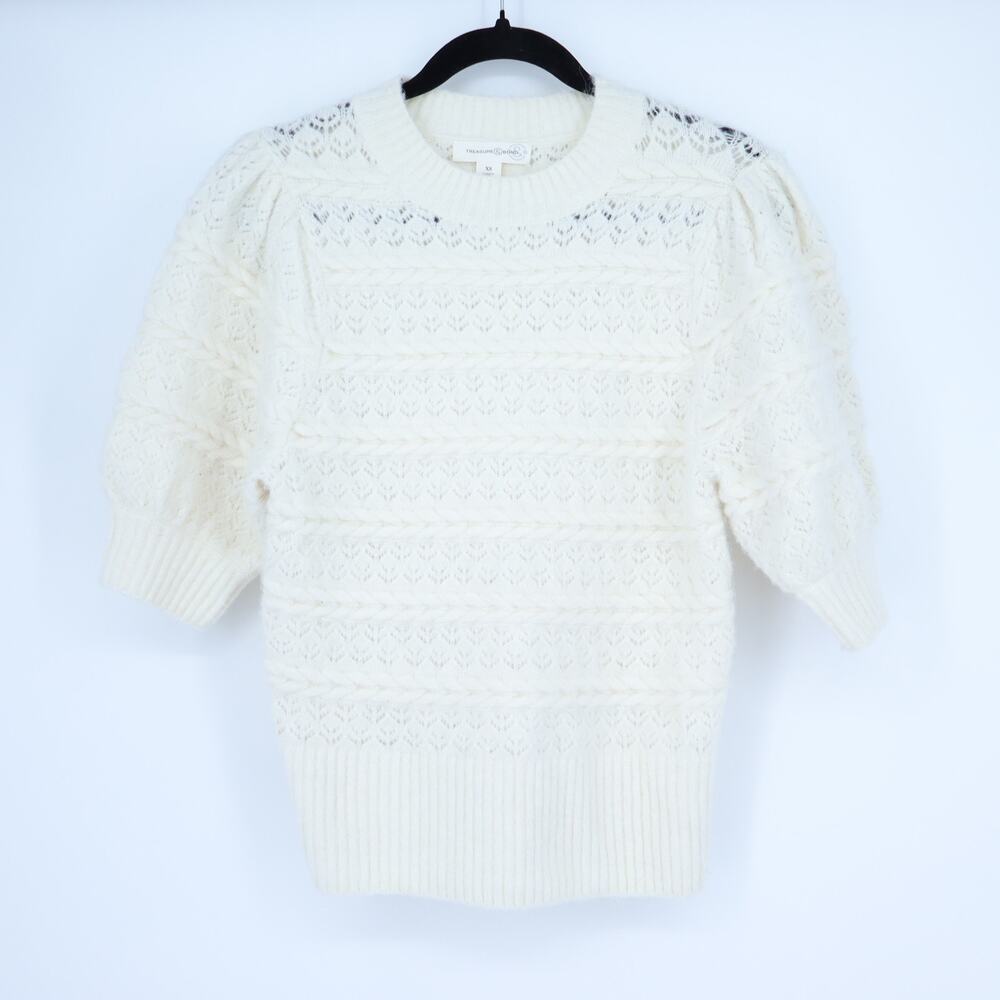 TREASURE & BOND Cable Knit Pullover Sweater Ivory Puff Sleeve Women's XS